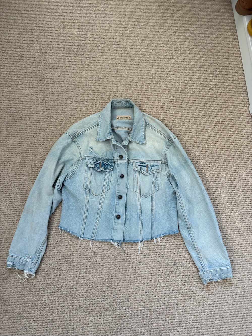 We The Free Light Blue Distressed Cropped Denim Jacket